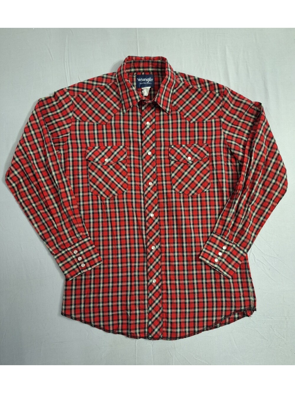 Vintage 70s Wrangler Plaid Pearl Snap Western Shirt Red Cowboy USA Mens Medium